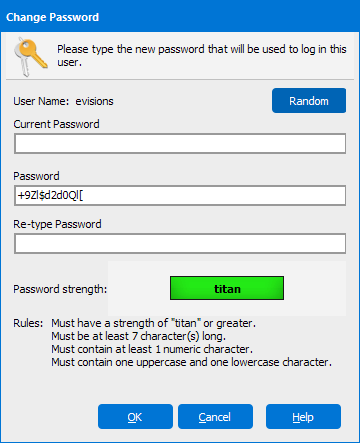 This image is the Change Password dialog displaying a random password created by Argos.